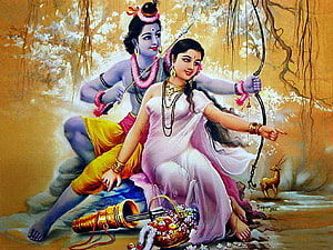 Lord Rama and Sita in a Traditional Indian Mythological Painting HD wallpaper
