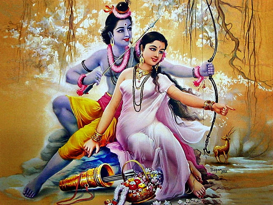 Lord Rama and Sita in a Traditional Indian Mythological Painting HD wallpaper