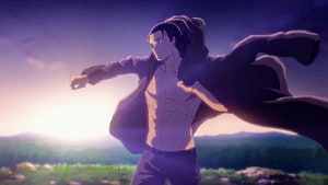 Eren Yeager from Attack on Titan in a dramatic sunset field scene HD wallpaper