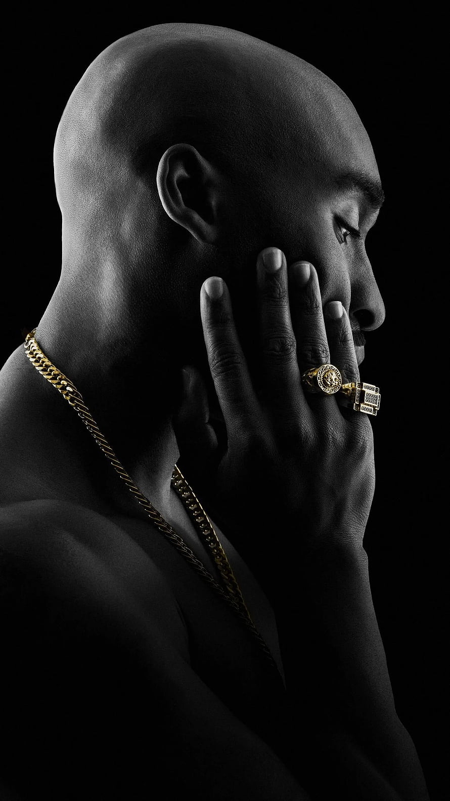 Tupac Shakur Profile Portrait with Gold Chain and Diamond Rings HD phone wallpaper