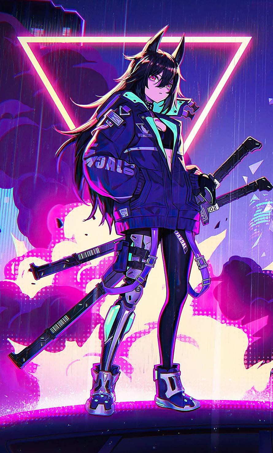 Cyberpunk Anime Girl with Katana and Neon Triangle Background HD phone wallpaper