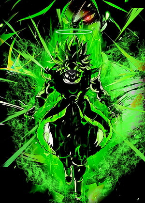 Dark Goku and Broly Anime Characters Surrounded by Green Energy Aura HD phone wallpaper