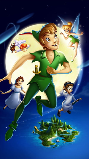 Peter Pan and Friends Flying Over Neverland Under a Full Moon HD phone wallpaper