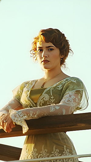 Kate Winslet as Rose in Titanic, vintage lace gown on a ship deck at golden hour HD phone wallpaper