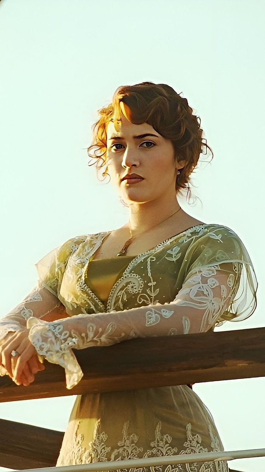 Kate Winslet as Rose in Titanic, vintage lace gown on a ship deck at golden hour HD phone wallpaper