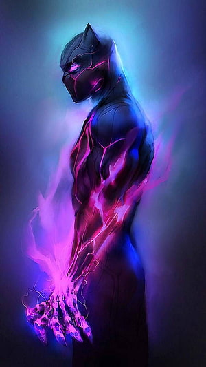 Black Panther Digital Art with Glowing Purple Energy and Neon Suit Details HD phone wallpaper