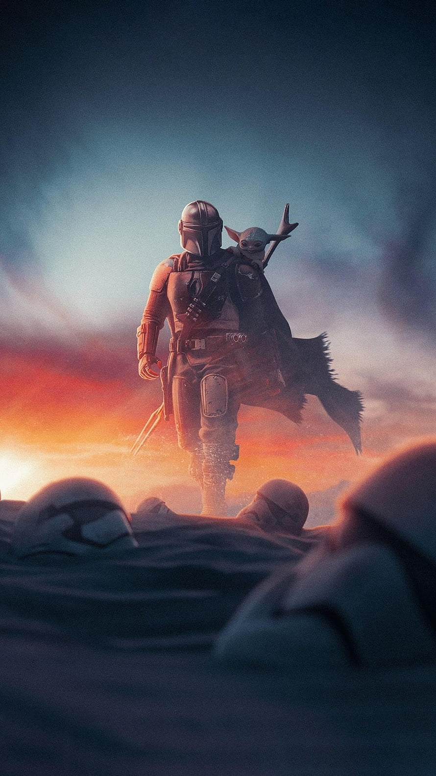 The Mandalorian and Grogu Walking Through Stormtrooper Corpses at Sunset HD phone wallpaper
