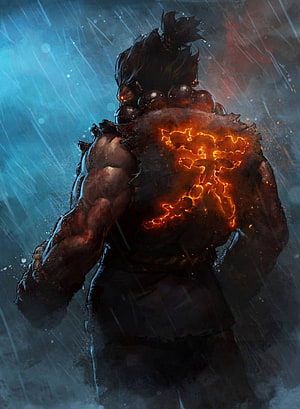 Akuma from Street Fighter with glowing magma back standing in heavy rain HD phone wallpaper