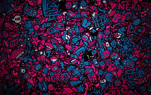 Dense Doodle Artwork Featuring Retro Tech Icons and Nerd Culture in Neon Pink and Blue HD wallpaper