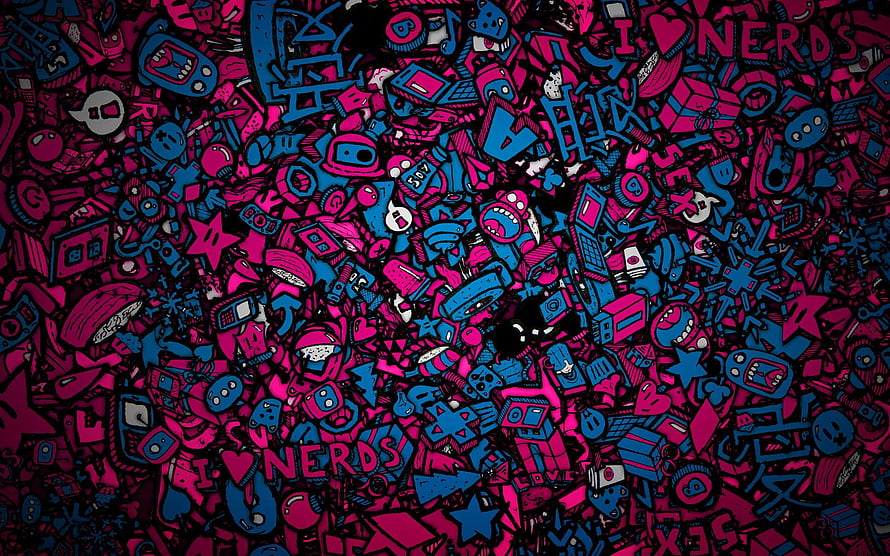 Dense Doodle Artwork Featuring Retro Tech Icons and Nerd Culture in Neon Pink and Blue HD wallpaper