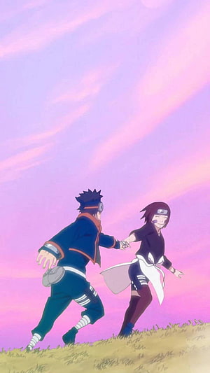 Naruto Shippuden Obito and Rin Running Together Under a Pink Sunset Sky HD phone wallpaper