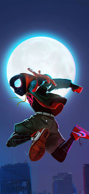 Miles Morales Spider-Man Leaping Through a Neon City Skyline at Night, Top 45 Spider Man Miles Morales - Miles Morales Background, Cool Miles Morales HD phone wallpaper