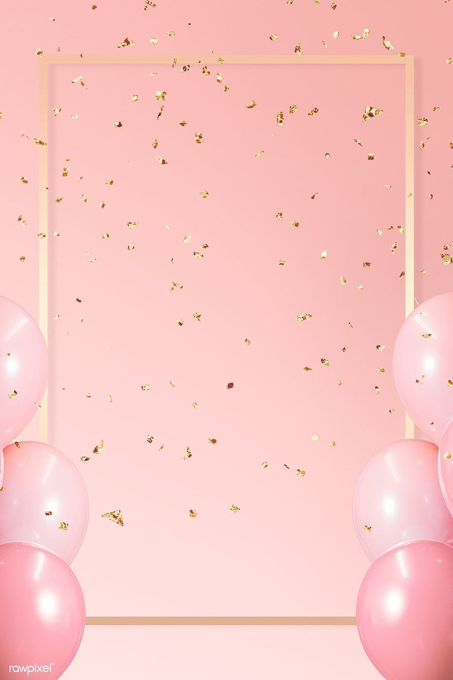 Elegant Pink Balloon and Gold Confetti Celebration Frame Background HD phone wallpaper