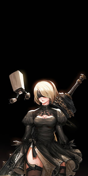 2B from NieR: Automata in Black Dress with Floating Pod and Greatsword HD phone wallpaper