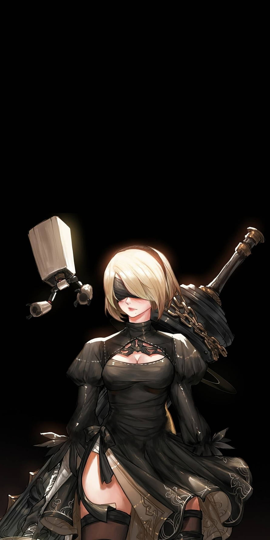 2B from NieR: Automata in Black Dress with Floating Pod and Greatsword HD phone wallpaper