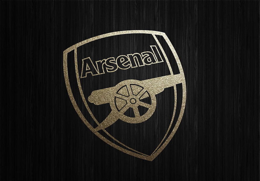 Elegant Gold Arsenal FC Crest on Dark Wood Grain Background HD wallpaper