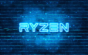 AMD Ryzen Neon Sign on Blue Brick Wall with Rain Effects HD wallpaper
