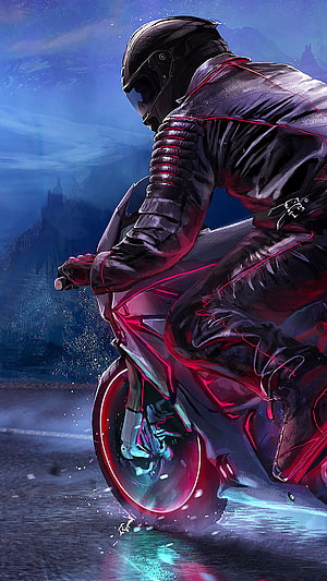 Cyberpunk Biker Leaning Into a Turn on a Neon-Lit Motorcycle at Night HD phone wallpaper