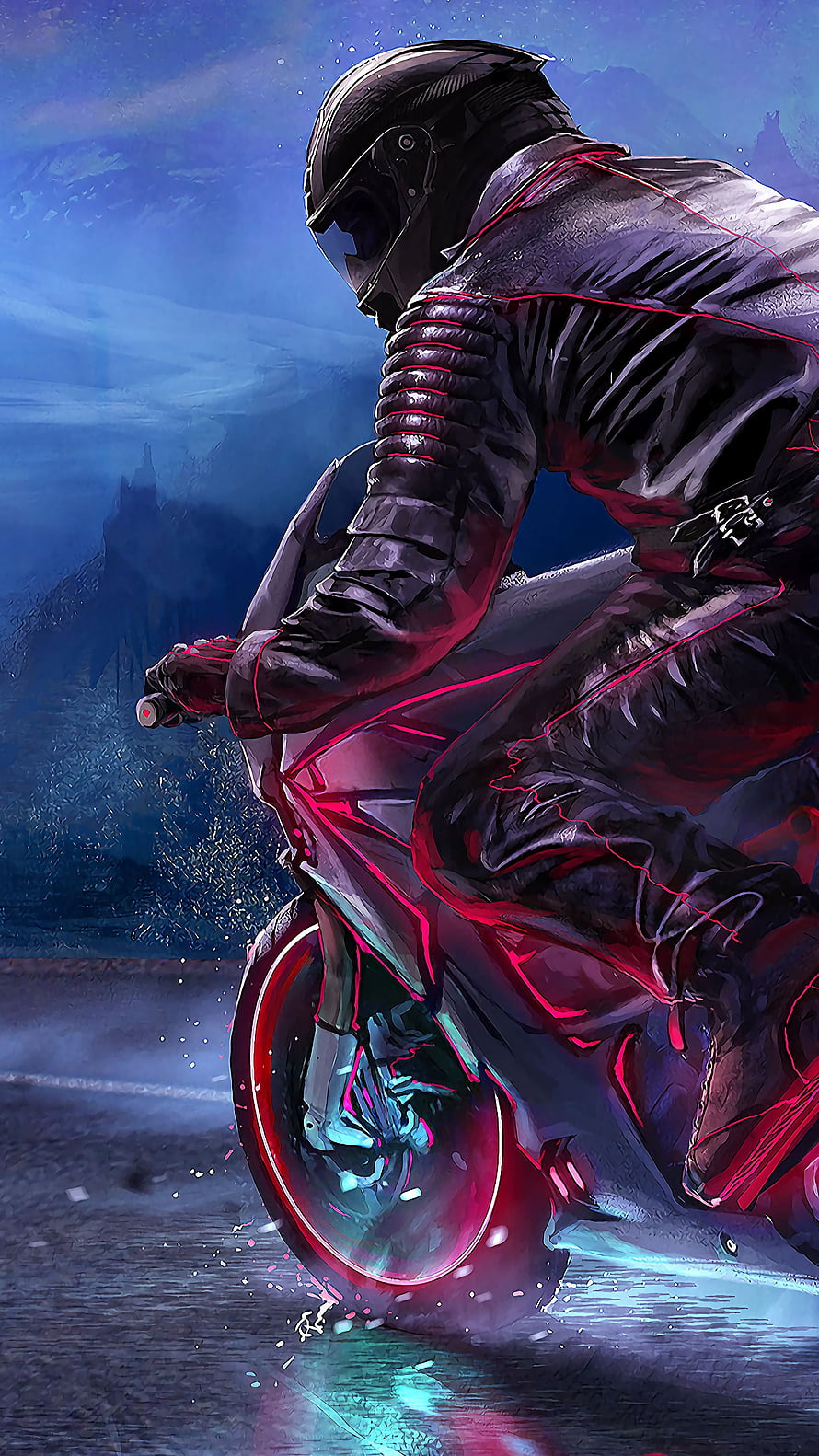 Cyberpunk Biker Leaning Into a Turn on a Neon-Lit Motorcycle at Night HD phone wallpaper