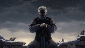 Askeladd from Vinland Saga kneeling with sword in snowy ruins under a dark starry sky HD wallpaper
