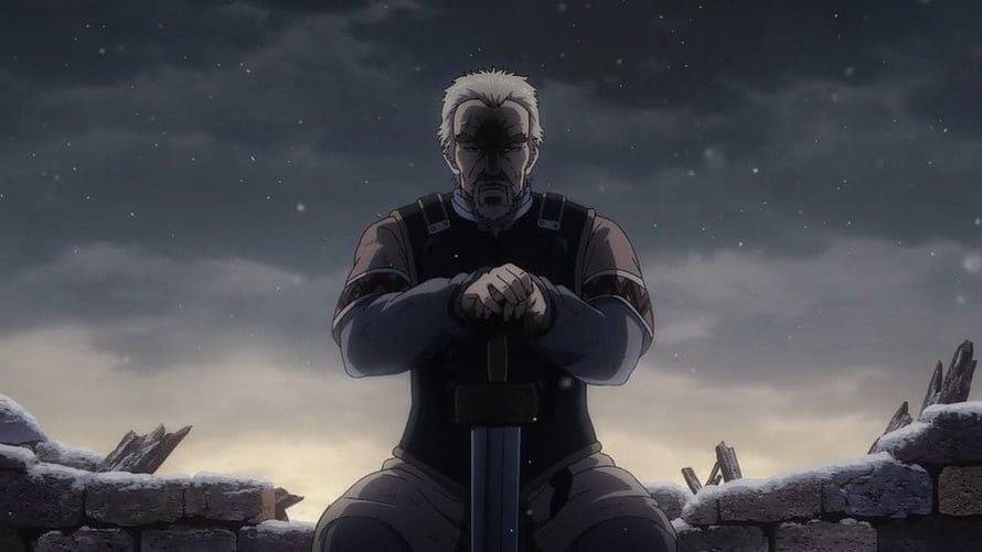 Askeladd from Vinland Saga kneeling with sword in snowy ruins under a dark starry sky HD wallpaper