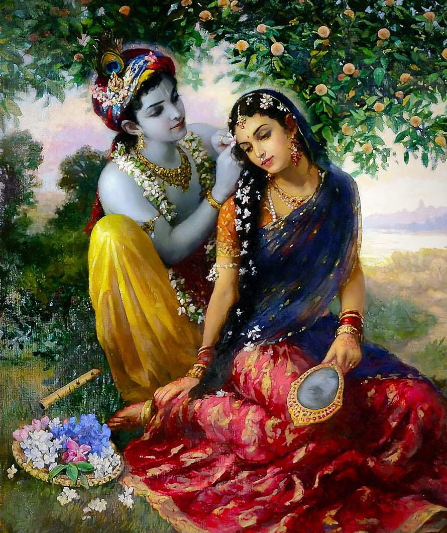 Radha Krishna Painting: Lord Krishna Adorning Radha's Hair with Flowers in a Lush Garden HD phone wallpaper