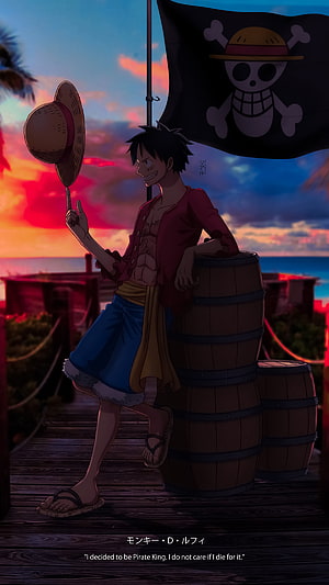 Monkey D. Luffy Leaning on Barrel with Straw Hat and Jolly Roger Flag at Sunset HD phone wallpaper