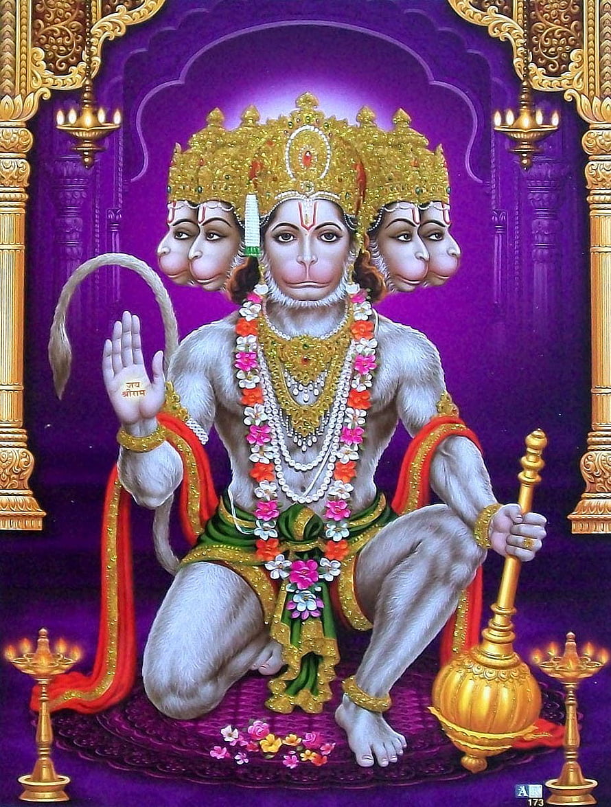 Panchmukhi Hanuman deity illustration with ornate golden crown and floral garlands on a purple background, Panchmukhi Hanuman. Lord hanuman , Hanuman, Panchamukha Hanuman HD phone wallpaper