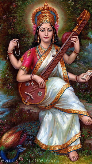 Saraswati Maa Playing Veena in a Lush Garden with Peacock HD phone wallpaper
