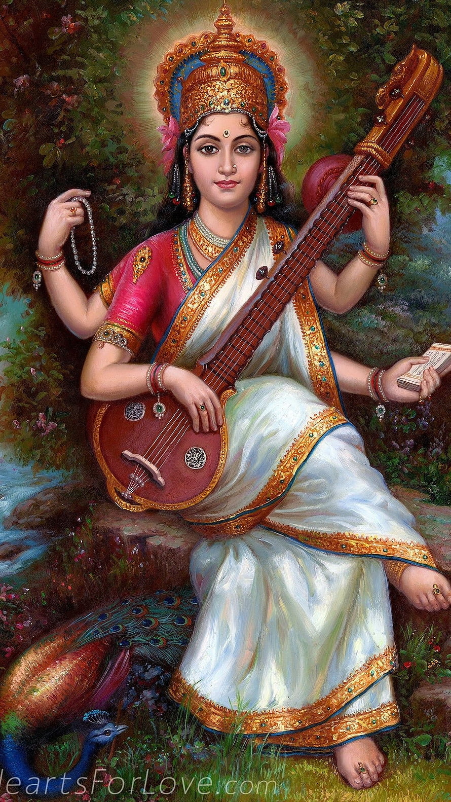 Saraswati Maa Playing Veena in a Lush Garden with Peacock HD phone wallpaper