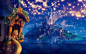 Tangled Disney Scene With Rapunzel And Floating Lanterns Over A Castle At Night HD wallpaper