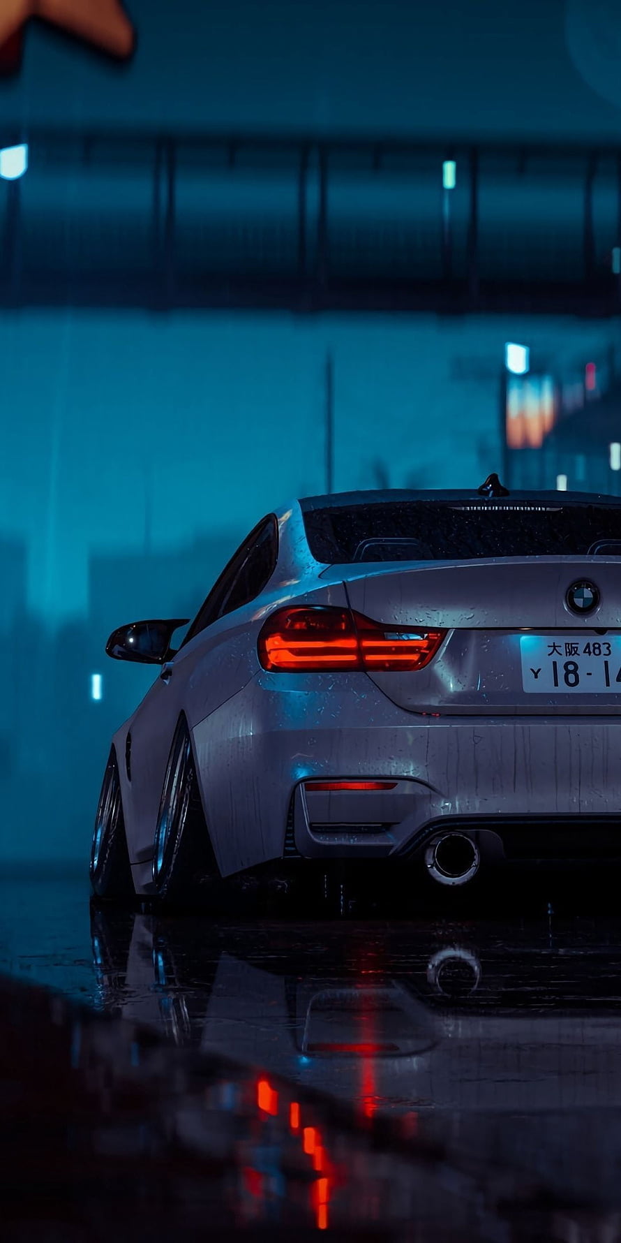 Silver BMW M4 F30 Rear View in Rainy Night Setting with Neon Reflections HD phone wallpaper