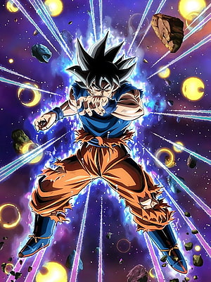 Goku Ultra Instinct in Cosmic Space with Energy Beams and Floating Debris HD phone wallpaper