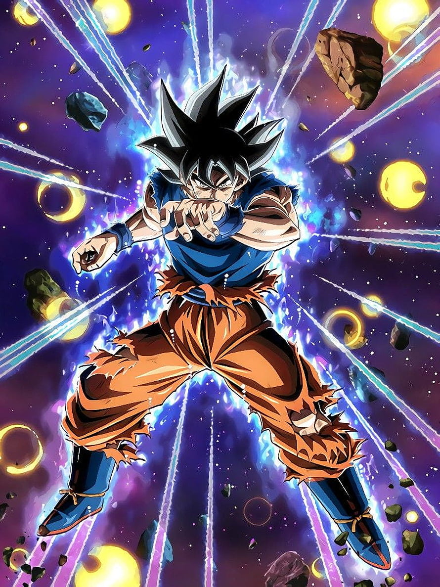 Goku Ultra Instinct in Cosmic Space with Energy Beams and Floating Debris HD phone wallpaper