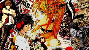 Death Note Anime Collage Featuring Light Yagami, Misa Amane, and L in Dark Manga Style HD wallpaper