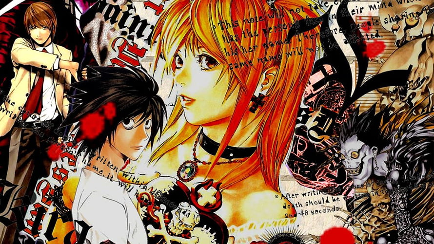 Death Note Anime Collage Featuring Light Yagami, Misa Amane, and L in Dark Manga Style HD wallpaper