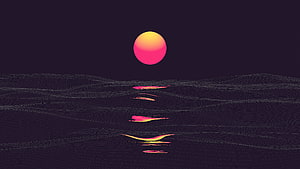 Retro Synthwave Sunset Over Dark Wireframe Terrain with Neon Reflections HD wallpaper
