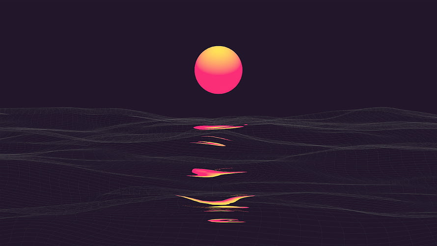 Retro Synthwave Sunset Over Dark Wireframe Terrain with Neon Reflections HD wallpaper