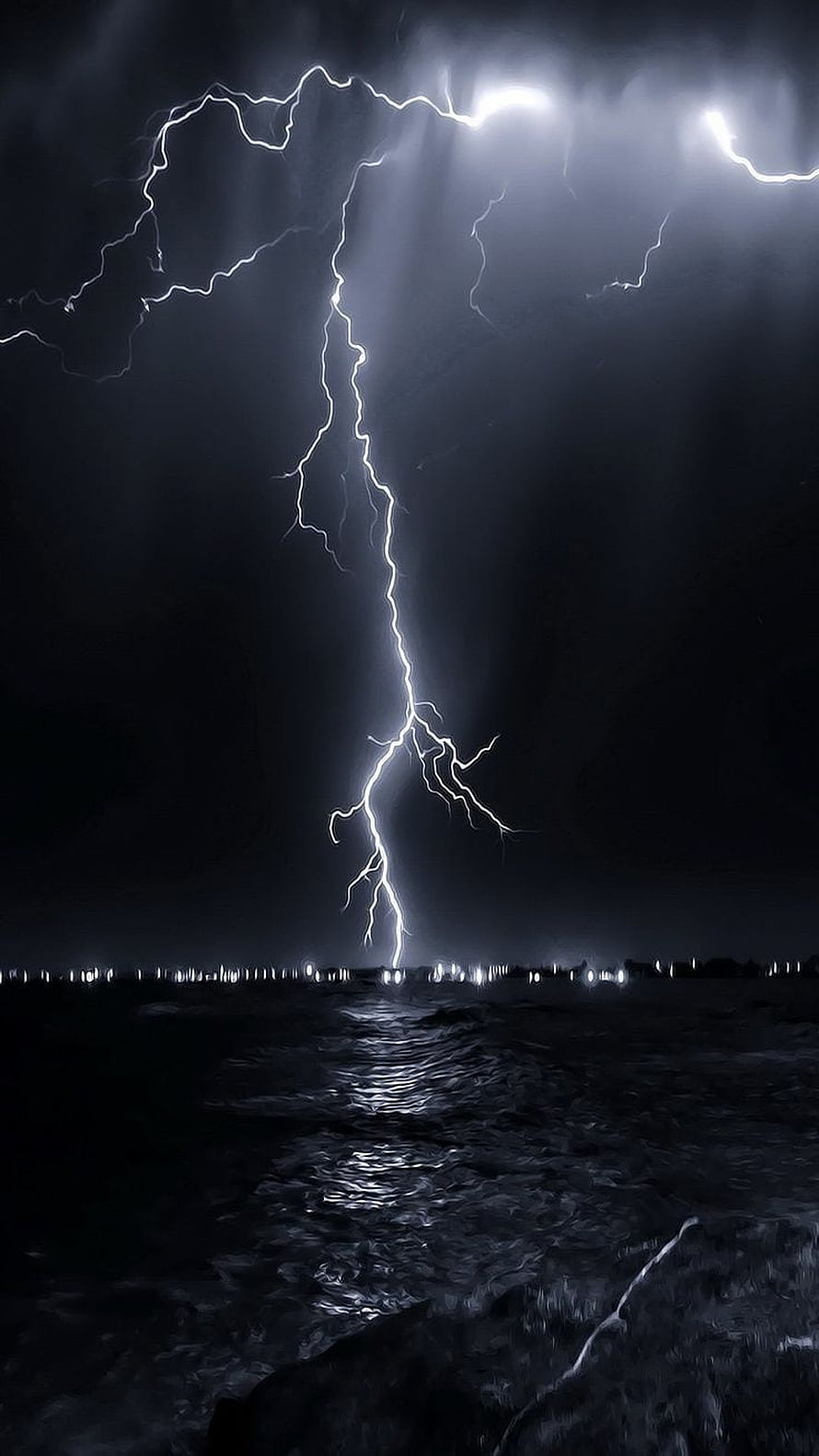 Dramatic Night Lightning Strike Over Dark Water Surface HD phone wallpaper