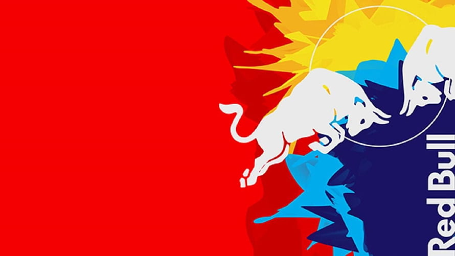 Red Bull Racing Logo with Charging Bulls on Vibrant Red and Blue Background HD wallpaper
