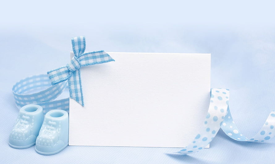 Blue Baby Shower Invitation Card with Gingham Ribbon and Ceramic Booties HD wallpaper
