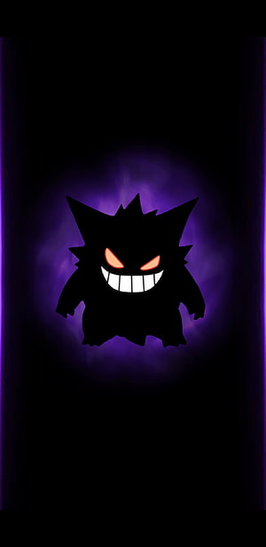 Gengar Silhouette with Glowing Red Eyes and Purple Aura on Dark Background HD phone wallpaper