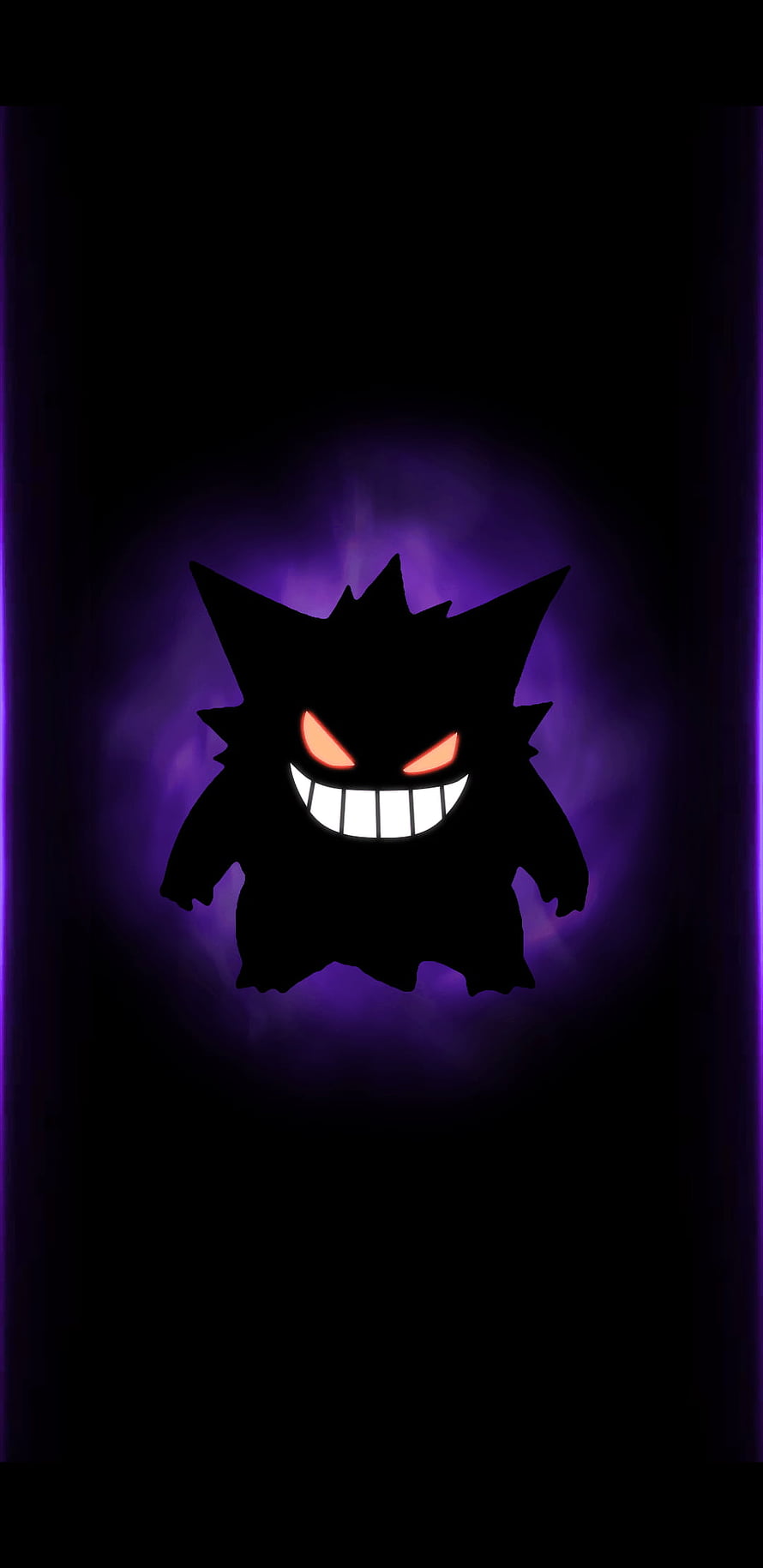 Gengar Silhouette with Glowing Red Eyes and Purple Aura on Dark Background HD phone wallpaper