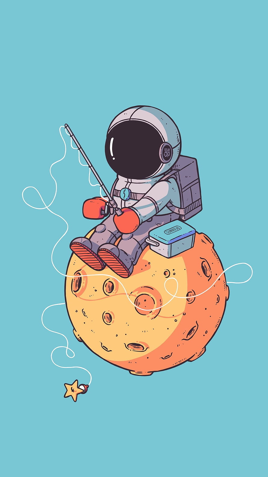 Cute Cartoon Astronaut Fishing for a Star on a Cratered Moon HD phone wallpaper
