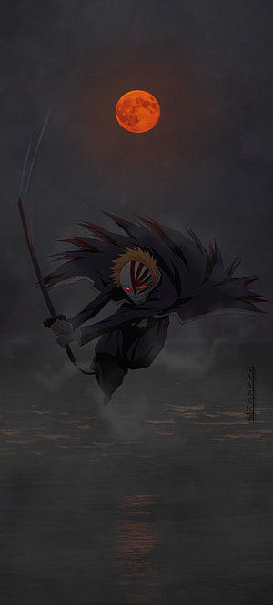 Ichigo Kurosaki in Hollow Form Leaping Over Water Under a Blood Moon HD phone wallpaper
