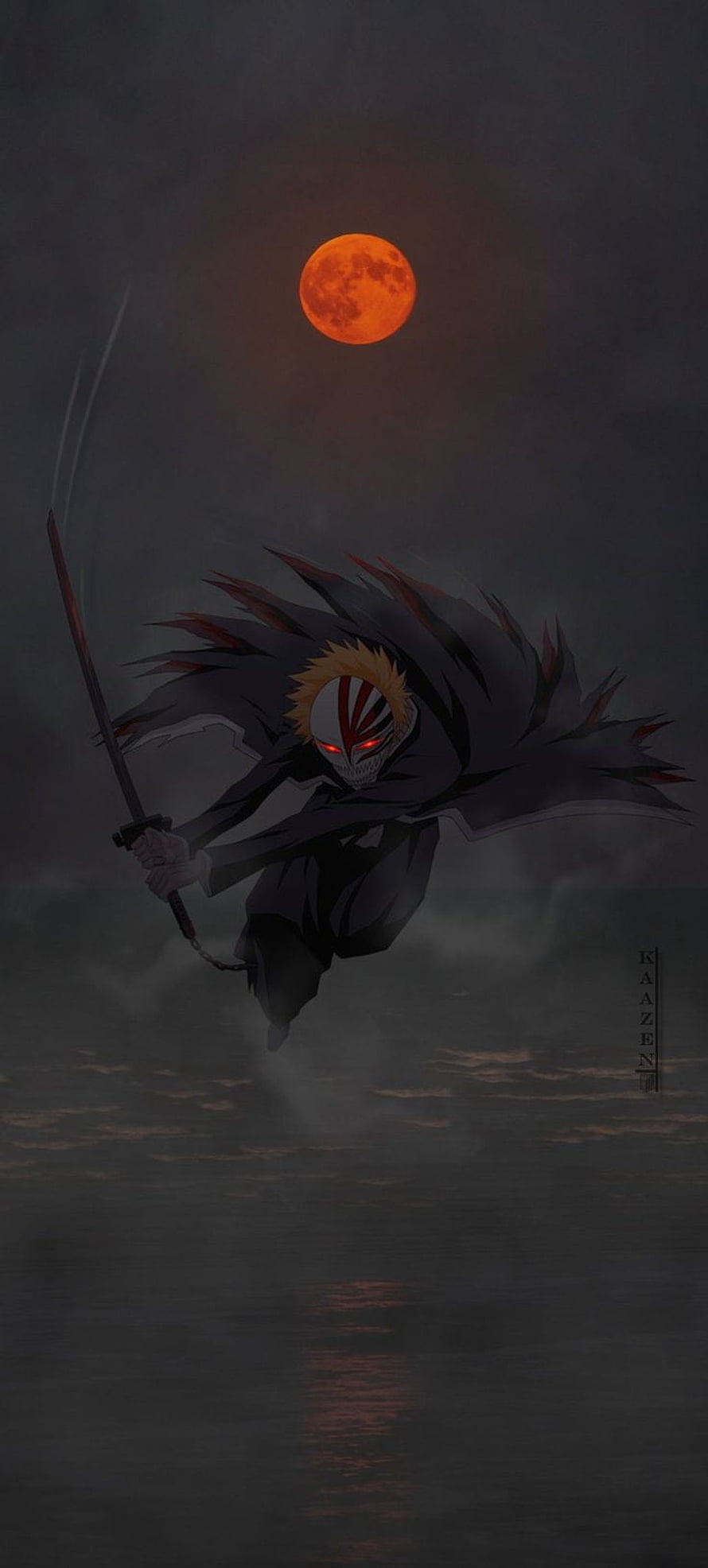Ichigo Kurosaki in Hollow Form Leaping Over Water Under a Blood Moon HD phone wallpaper