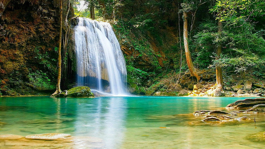 Serene Tropical Waterfall Cascading Into A Turquoise Pool Surrounded By Lush Jungle Foliage HD wallpaper