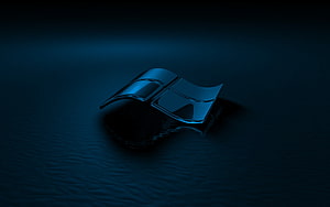 Glossy 3D Windows Emblem Floating on Dark Blue Water Surface HD wallpaper