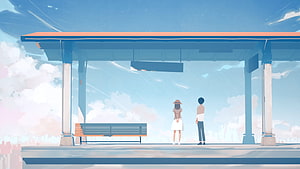 Yorushika Silver's Lyrics Anime Illustration of Couple at Train Station HD wallpaper