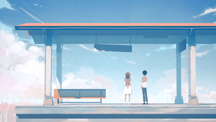 Yorushika Silver's Lyrics Anime Illustration of Couple at Train Station HD wallpaper